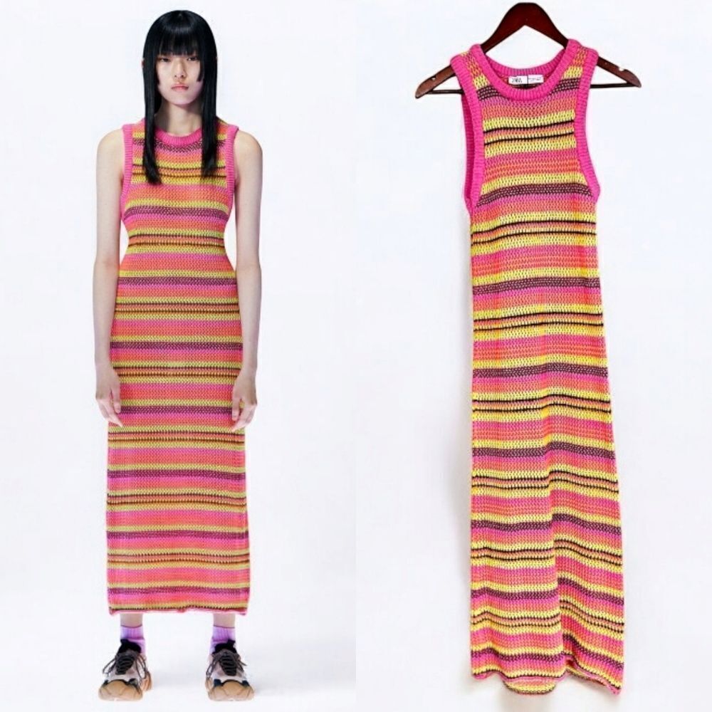 NWOT Zara Crochet Open Knit Colorful Striped High Neck Sleeveless Midi Dress s